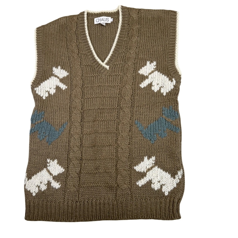 Vintage Chaus Scottie Dog Sweater Vest Cable Knit V Neck Preppy Brown M